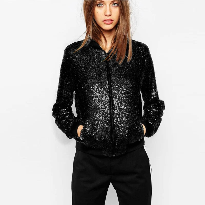 Women Sequin Coat Bomber Jacket Long Sleeve Zipper