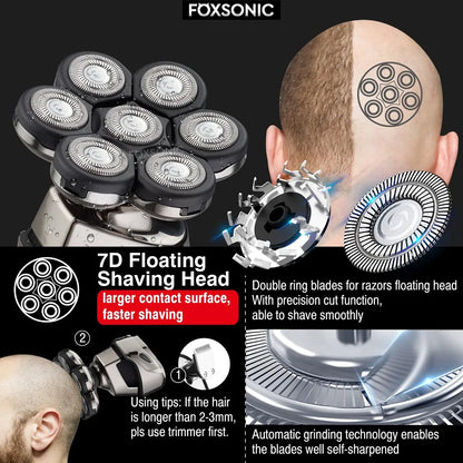 FOXSONIC Electric Shaver Razor for Men's Trimmer Wet and Bald Head Dry Razor 7D