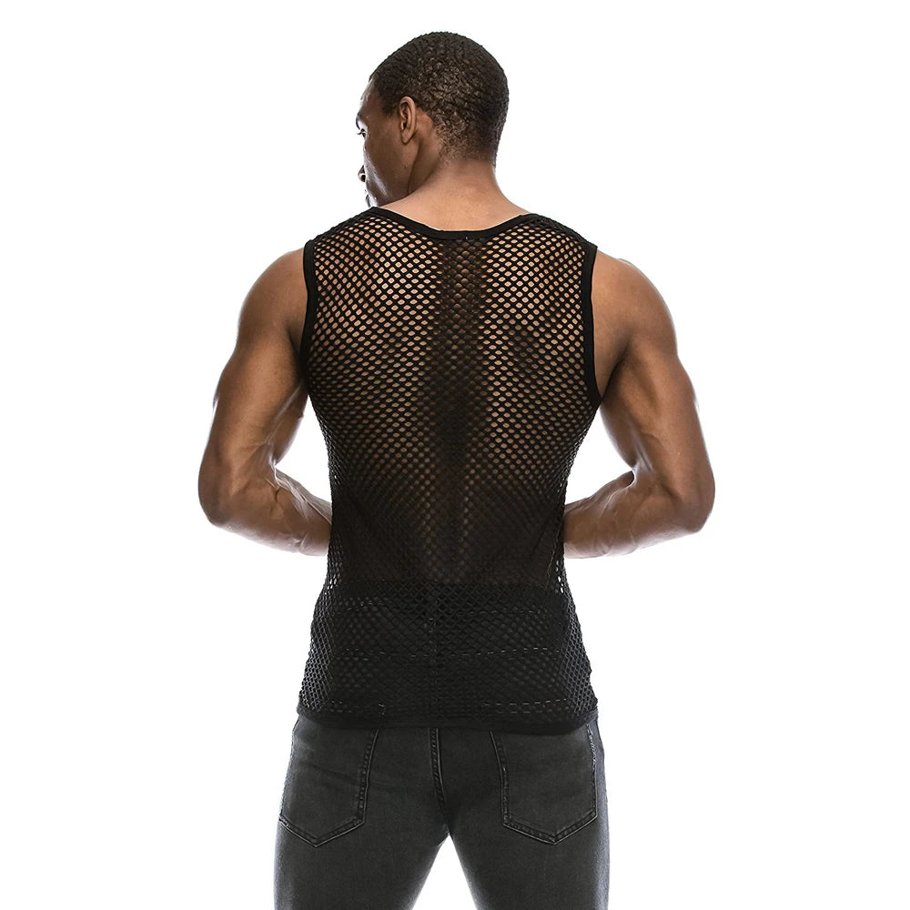 Mens See Through Black Mesh Fishnet Tanks Top Sleeveless Fitted Top Tees