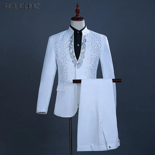 White Embroidered Diamond Suit Men Wedding Groom Tuxedo