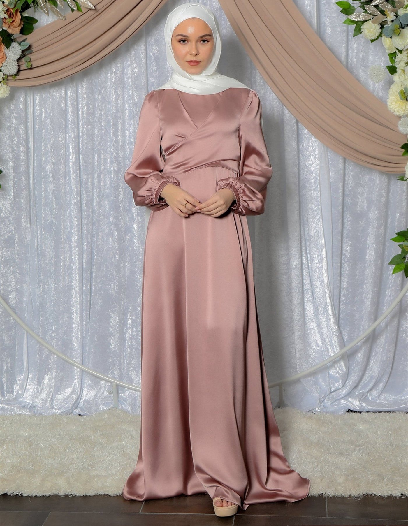 Muslim Women Solid Color Long Sleeve Long Maxi Dress Spring