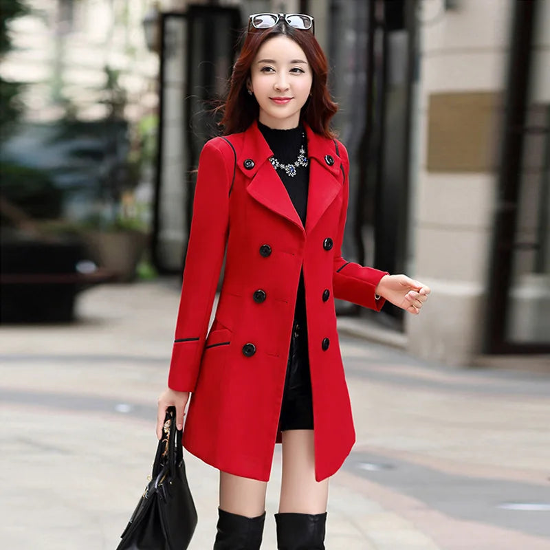 Autumn Winter Women Woolen Long Fashion Slim-Fit Double-Breasted Jacket