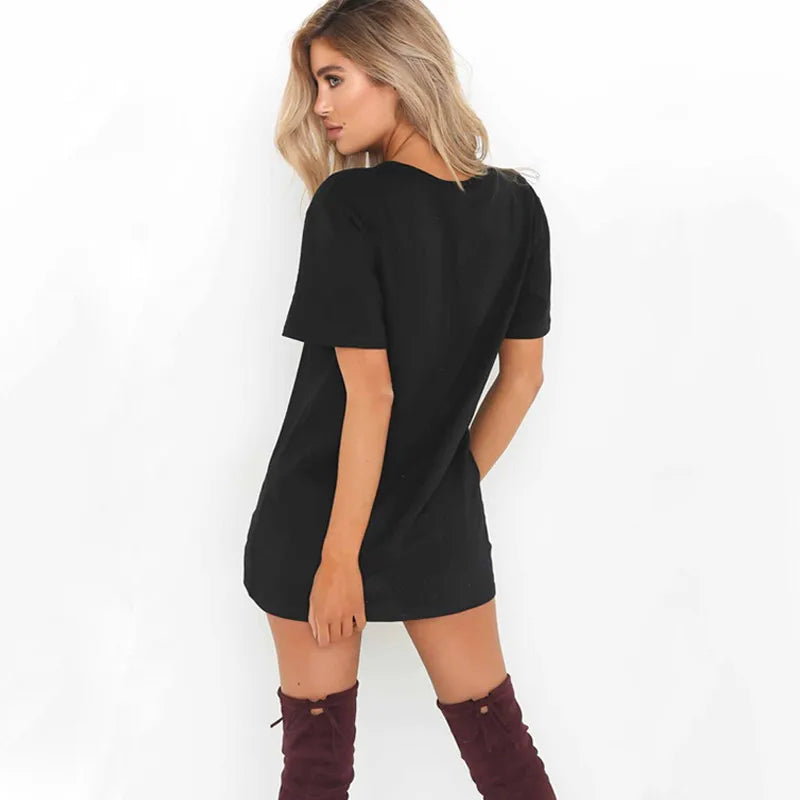 Summer Women Tshirt Mini Dress Choker V-Neck Dresses Short Sleeve