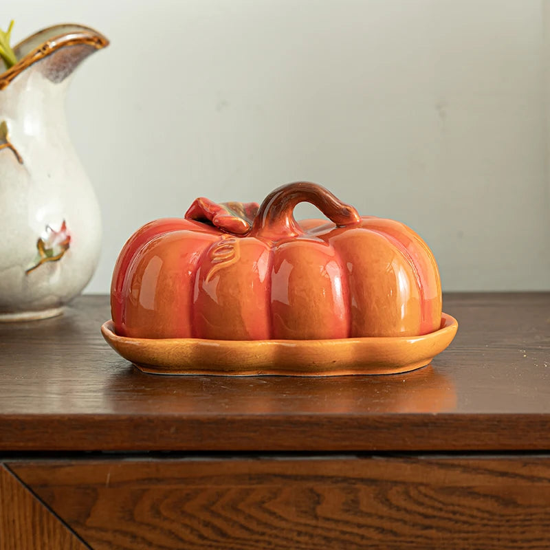 Cute and Novel Pumpkin With Lid Ceramic Dining Plate Snack Plate Utensils