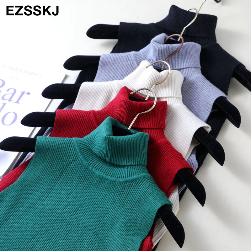 Elegant Top Spring Autumn Knitted Tank Top Women Blouse Turtlenck Sexy