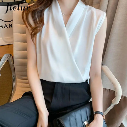 Jielur Womens Tops Blouses Solid Color White Satin Blouse Office Shirt