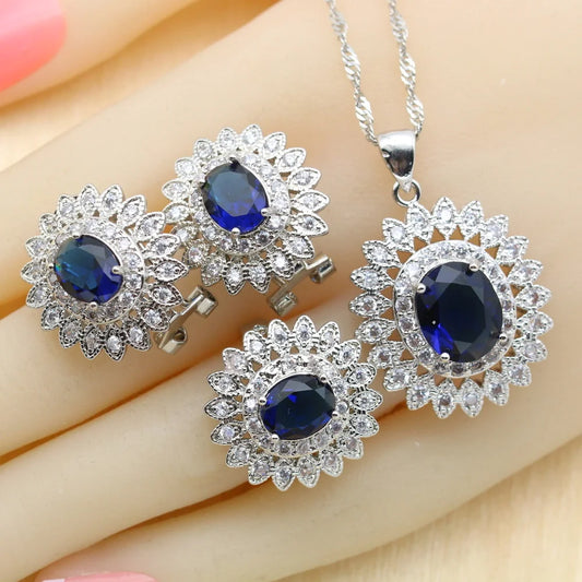 Dark Blue Zirconia for Women Jewelry Sets 925 Silver Necklace Pendant Bracelets