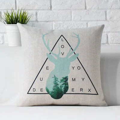 Nordic Geometry Green Forest Deer Pillow Animal Cushions Thick Linen Pillowcase