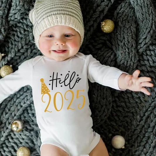 Hello 2025 Newborn Baby Bodysuit Baby Boys Girl Ropa Clothes New Year Gift