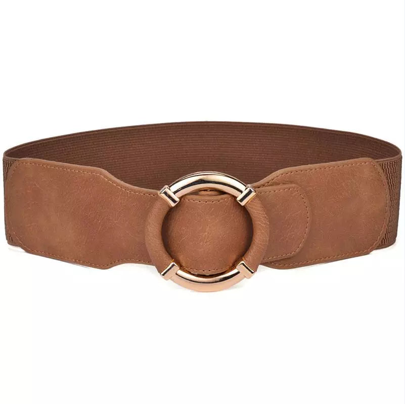 Women’s Elastic Stretch Wide Waist Belts W Wrapped Gold Circle Buckle