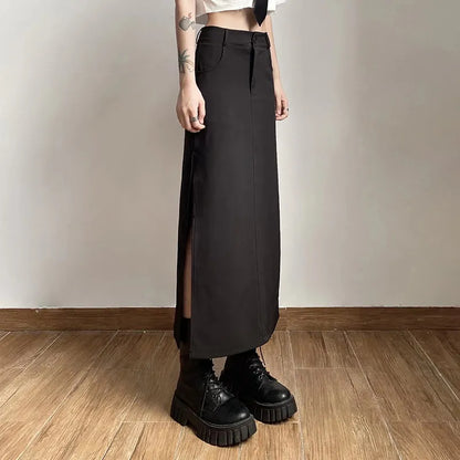 Goth Dark Elegant Mall Gothic Trumpet Women Midi Skirts Grunge High Waist Split