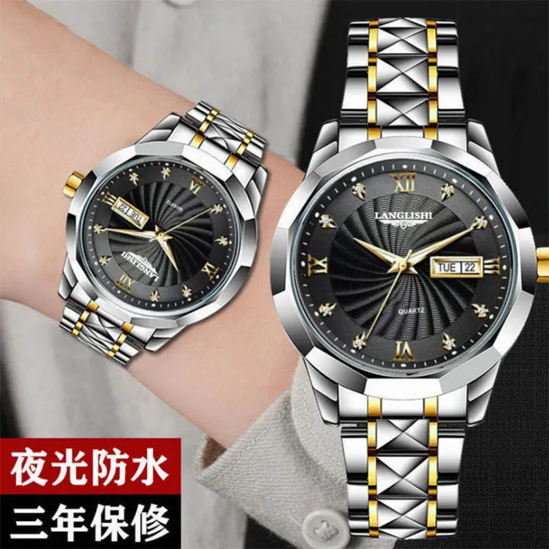 Men's Diamond Faced Steel Band Watch Waterproof Luminous Calendar Quartz Watch