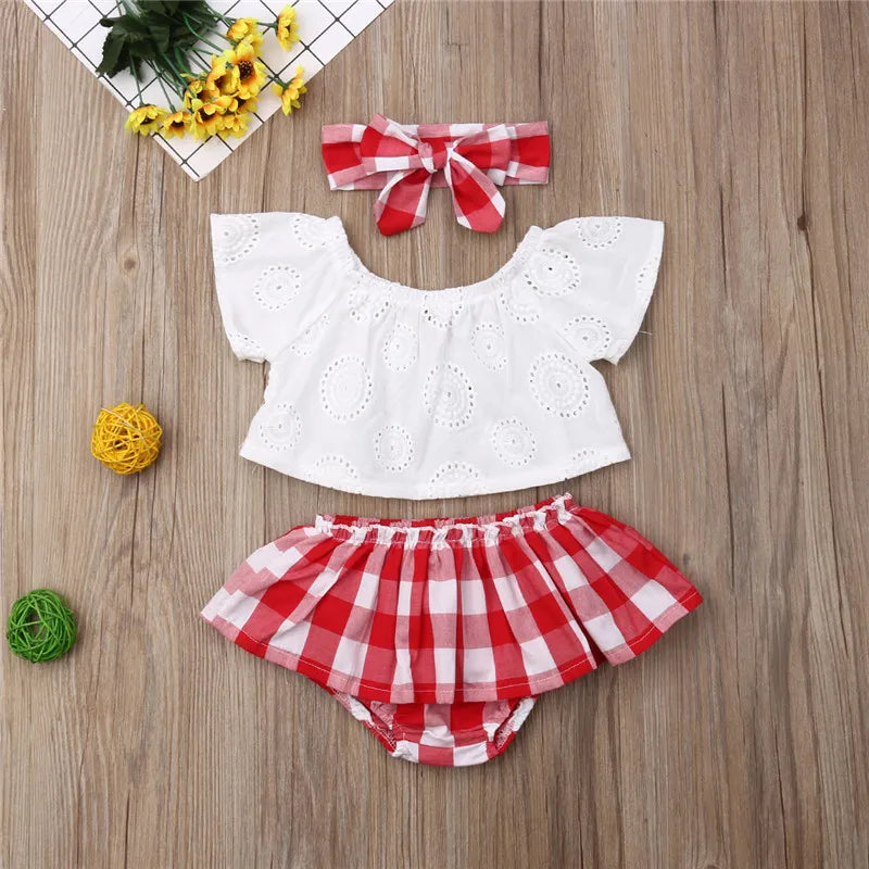 0-24m 3pcs Baby Girls Clothes Set Solid White Off Shoulder Shirt Tops Red Plaid