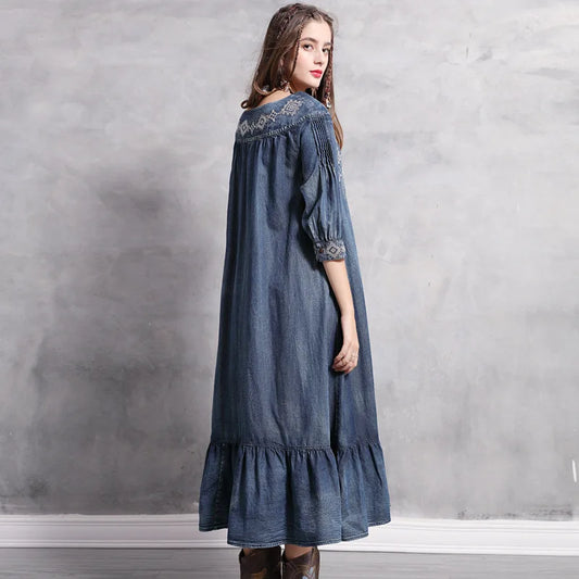 21New Women Denim Dresses Spring Autumn Vintage Embroidery