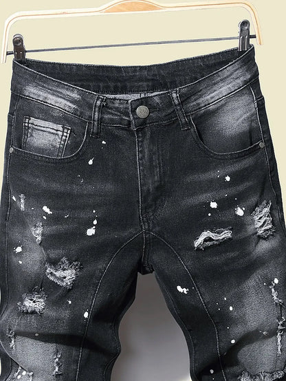 Men Black Skinny Denim Spot Jeans Male Ripped Stretch Fit Jeans Men Slim