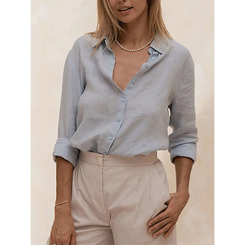 100% Linen White Shirts and Blouses Turn Down Collar Long Sleeve Tops