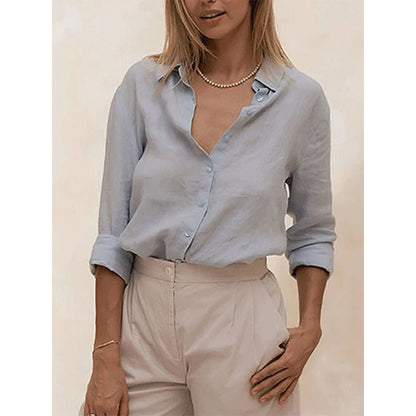 100% Linen White Shirts and Blouses Turn Down Collar Long Sleeve Tops