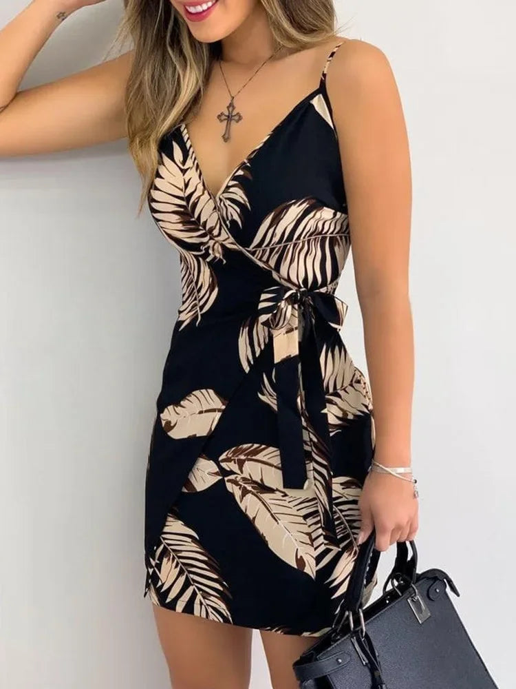 Tropical Print V-Neck Wrap Casual Dress Women Sleeveless