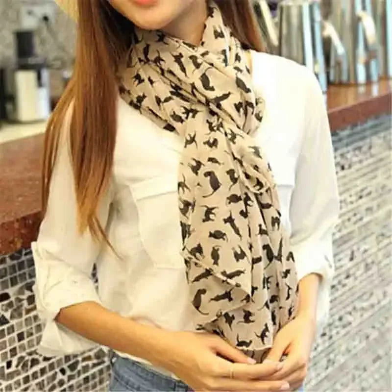 New Fashion Women Chiffon Colorful Printed Sweet Cartoon Cat Kitten Scarf