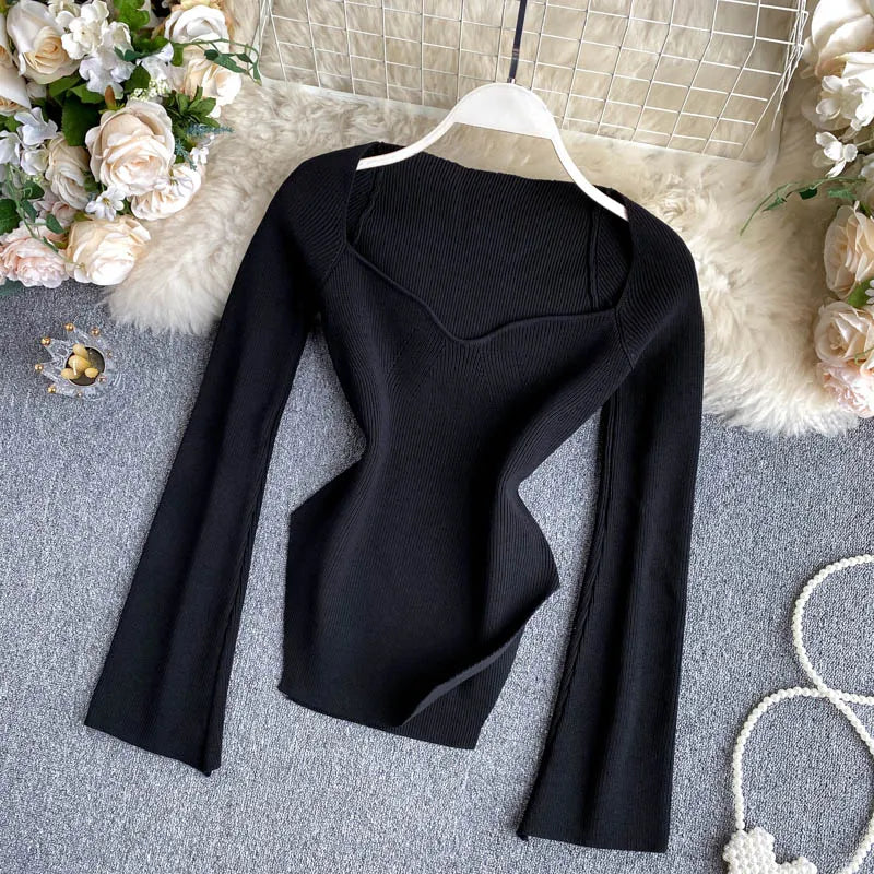 Croysier Knitted Sweater Pullover Square Neck Women Fashion  Long Sleeve Top