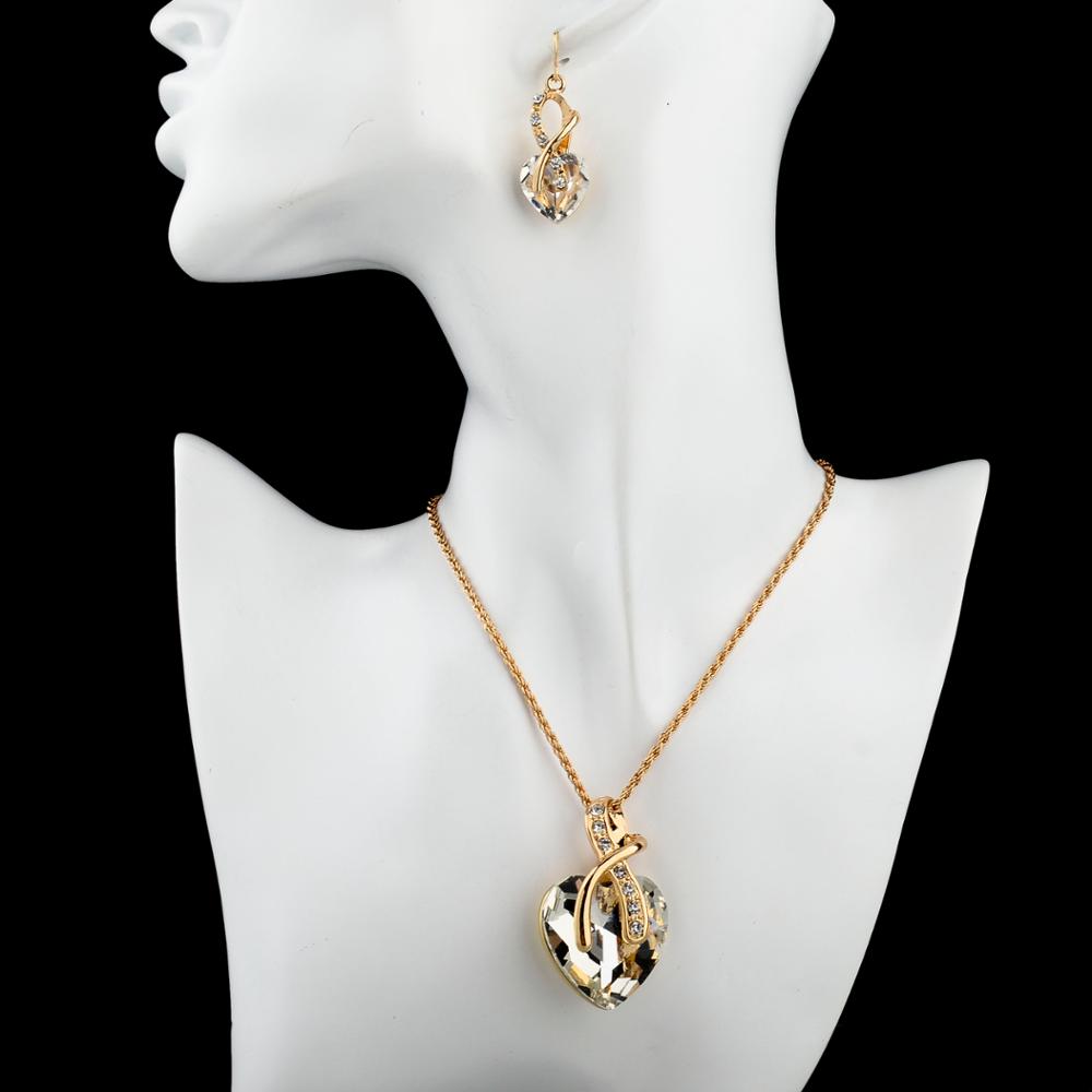 Longway Austrian Crystal Necklace Earrings Set Gold Color Heart Crystal Jewelry