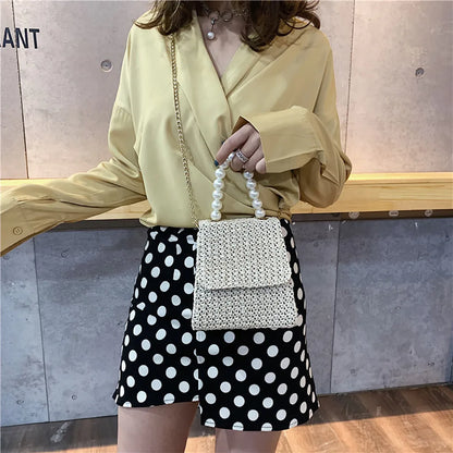 Summer Beach Straw Bag Crossbody Bags for Women 2022 Pearl Woven Rattan Women