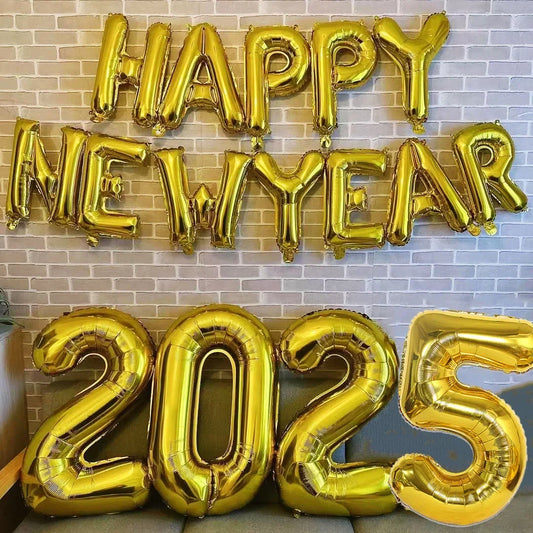 2025 Happy New Year Balloons Banner Rose Gold Number Letter Aluminum Foil