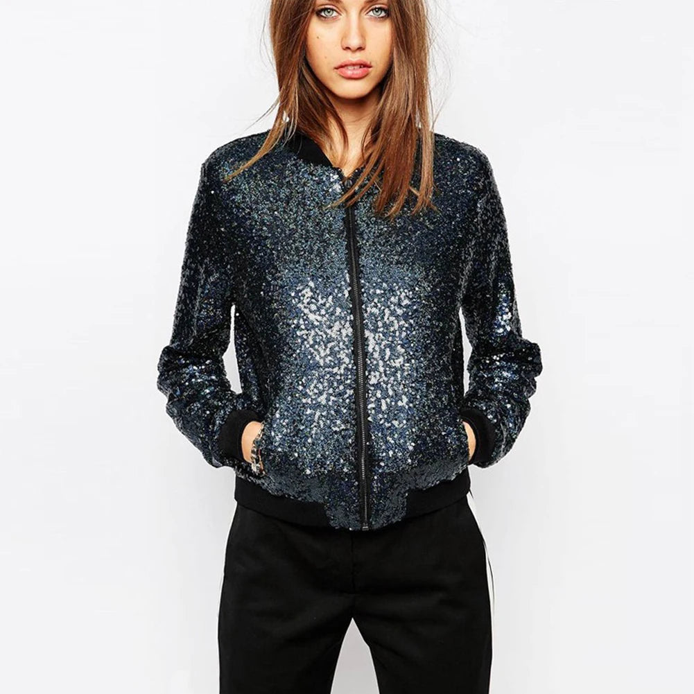 Women Sequin Coat Bomber Jacket Long Sleeve Zipper