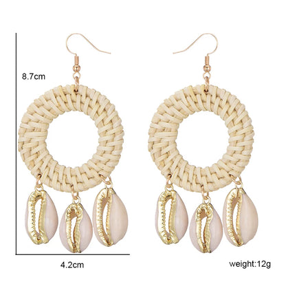 New Beach Sea Natural Shell Charms Bamboo Braid Drop Earrings Bohemian Rattan