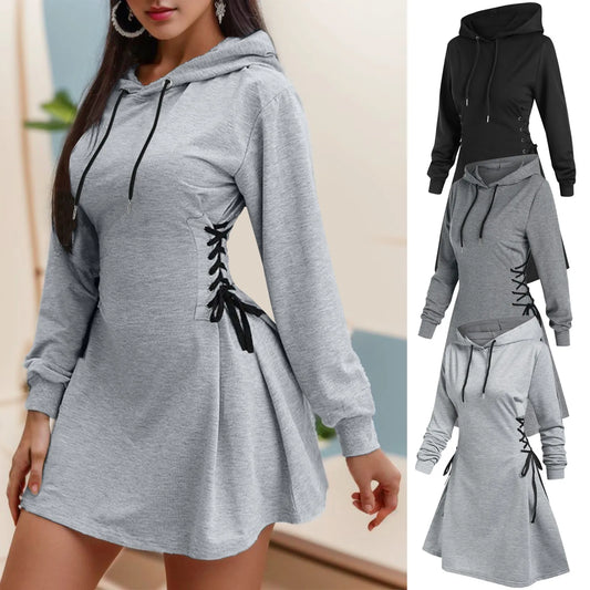 Autumn Long Sleeve Women Lace Up Sweatshirt Dress Fashion