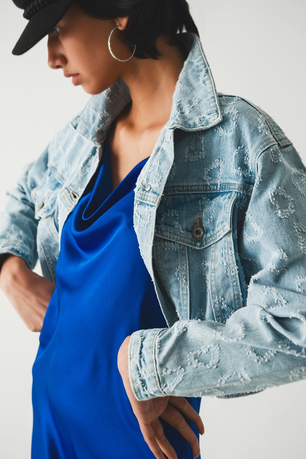 Heart Embellished Oversized Denim Jacket in Light Wash