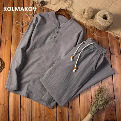 (Shirt + Trousers) 2022 Autumn Men Shirt Man Cotton and Linen Shirts