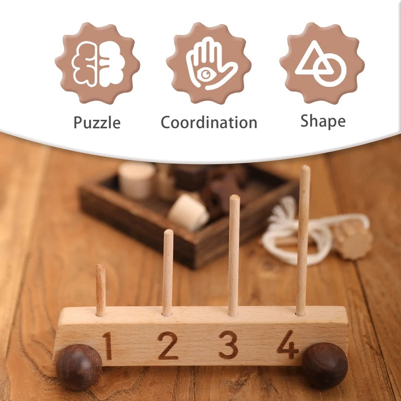 1set Montessori Thread Toys Wooden Car Shape Number Match Blocks Puzzles