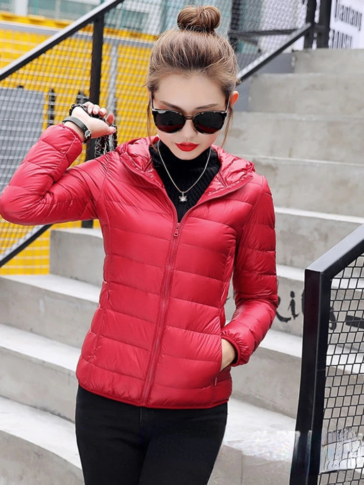 Women's Hooded Down Jacket Lightweight Short Slim White Duck Down Ladies' Jacket