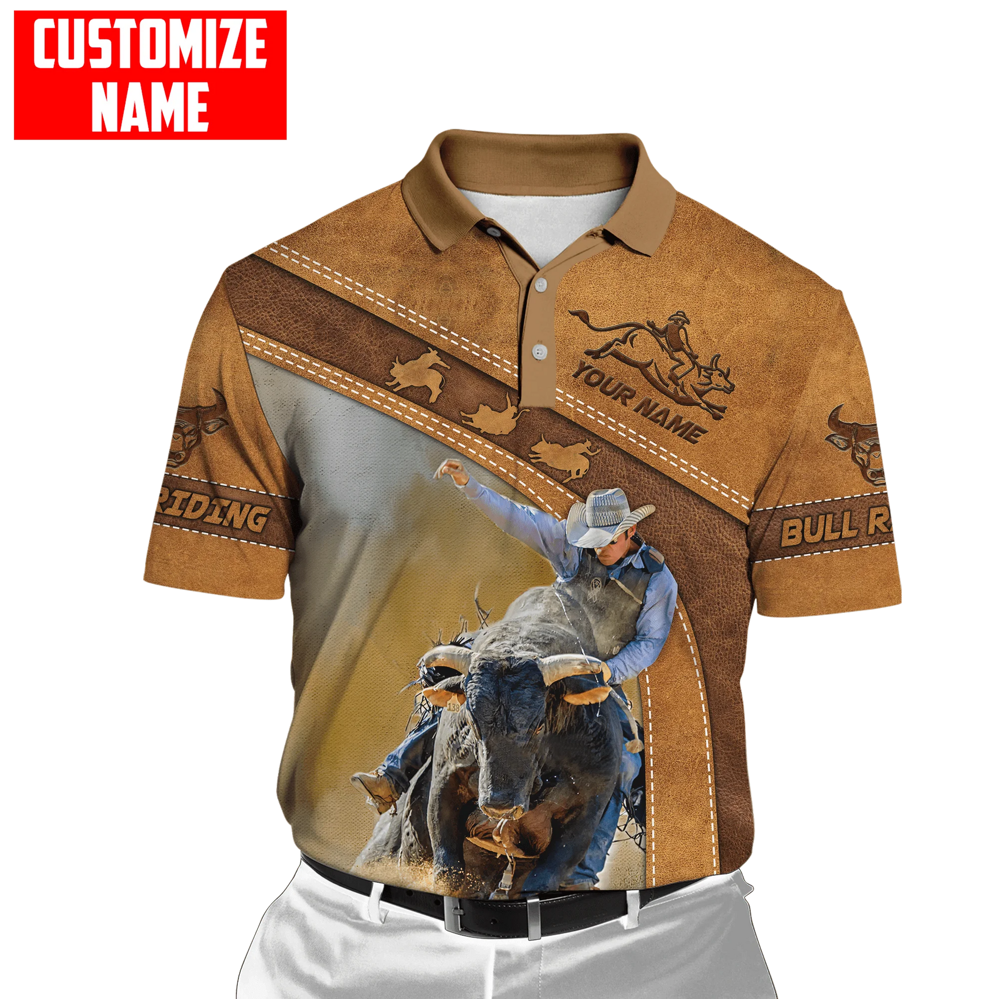 Personalized Name Bull Riding 3D All Over Printed Mens Polo Shirt