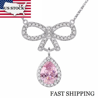 US Stock Bowknot Necklaces & Pendants Pink Crystal Water Drop Necklace