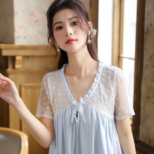 Sweet Lace Short Sleeve Night Dress Women Summer Cotton Embroidered Nightdress