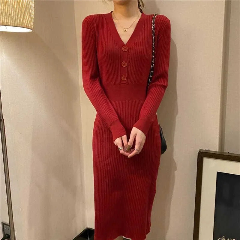 Woman's Knitted Autumn Winter Clothes V-Neck Women Sweater Dress Korean Fashion