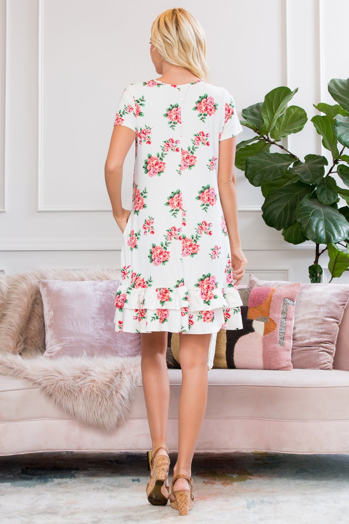 Short Sleeved Floral Ruffled Hem Dress