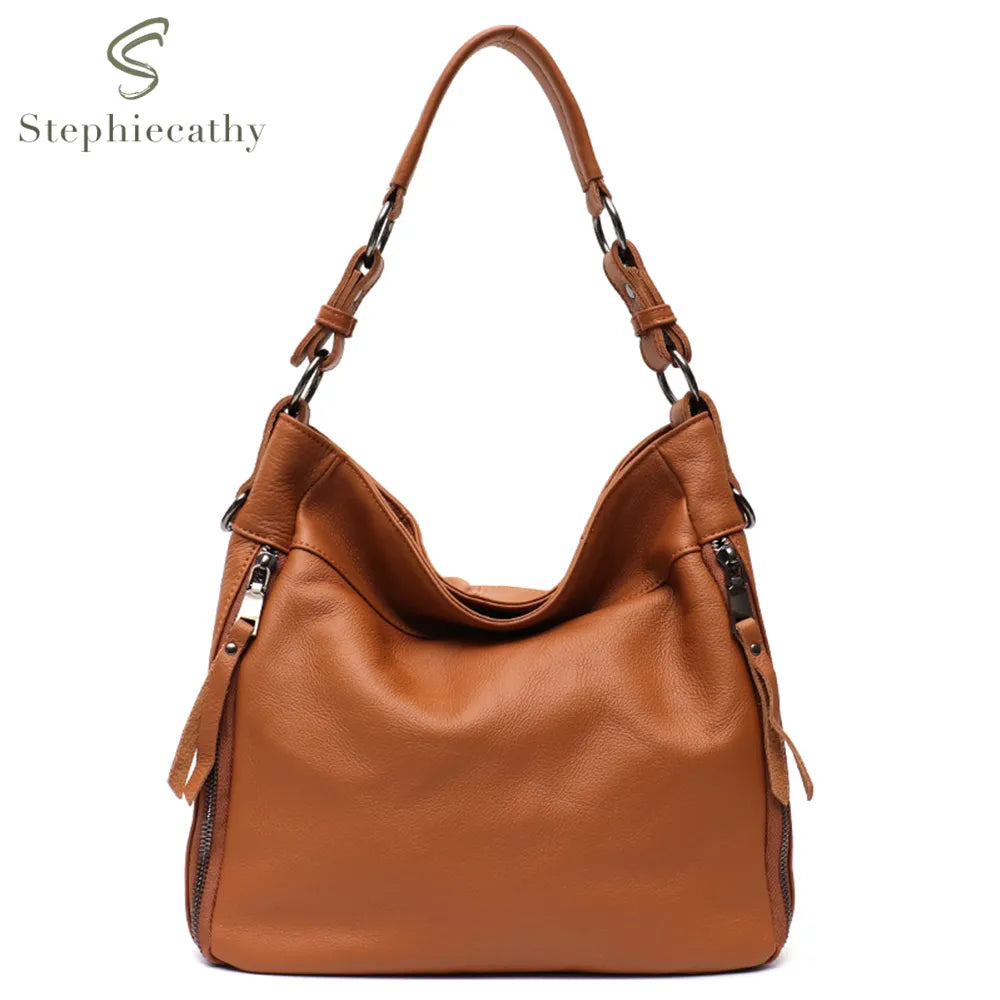 SC Large Soft Slouchy Leather Women Shoulder Bag Lady Cowhide Multi Pockets