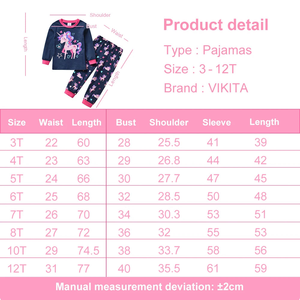 VIKITA 2Pcs Children Pajamas T-Shirts Pants Set Girls Unicorn Cotton Clothes