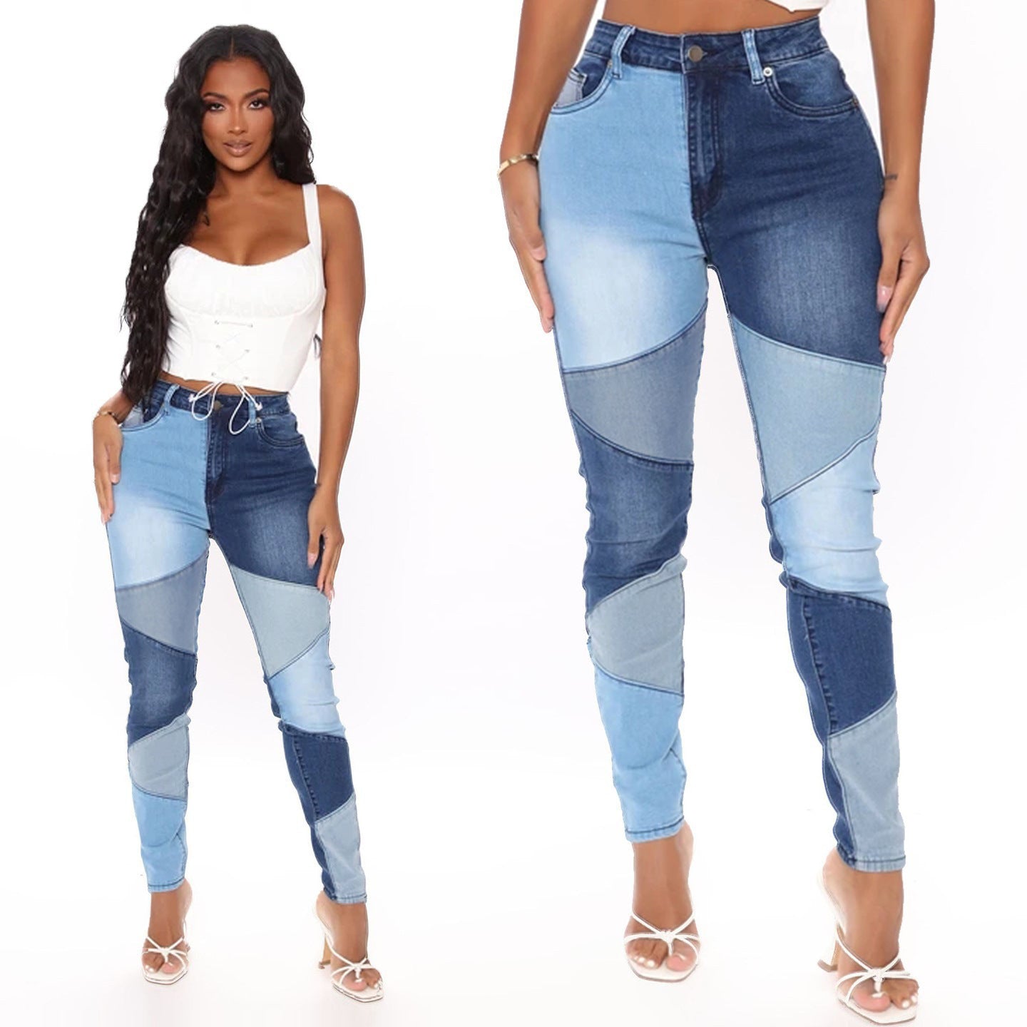 High Waist Women Bottom Skinny Jeans Patchwork Streetwear Pants Tight Trousers