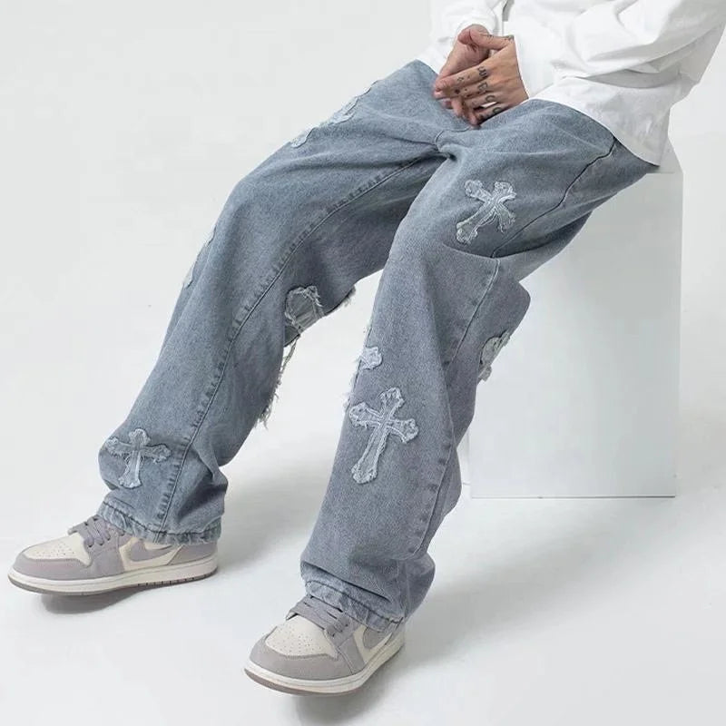 Men Streetwear Baggy Jeans Trousers Cross Hip Hop Mens Loose Pants