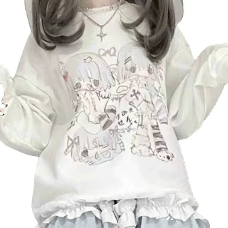 Deeptown Y2k Japanese Harajuku Anime White Hoodie Kawaii Cute Cartoon Streetwear