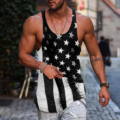 Men Summer Tank Tops Vests Casual Beach O Neck American Flag Printed