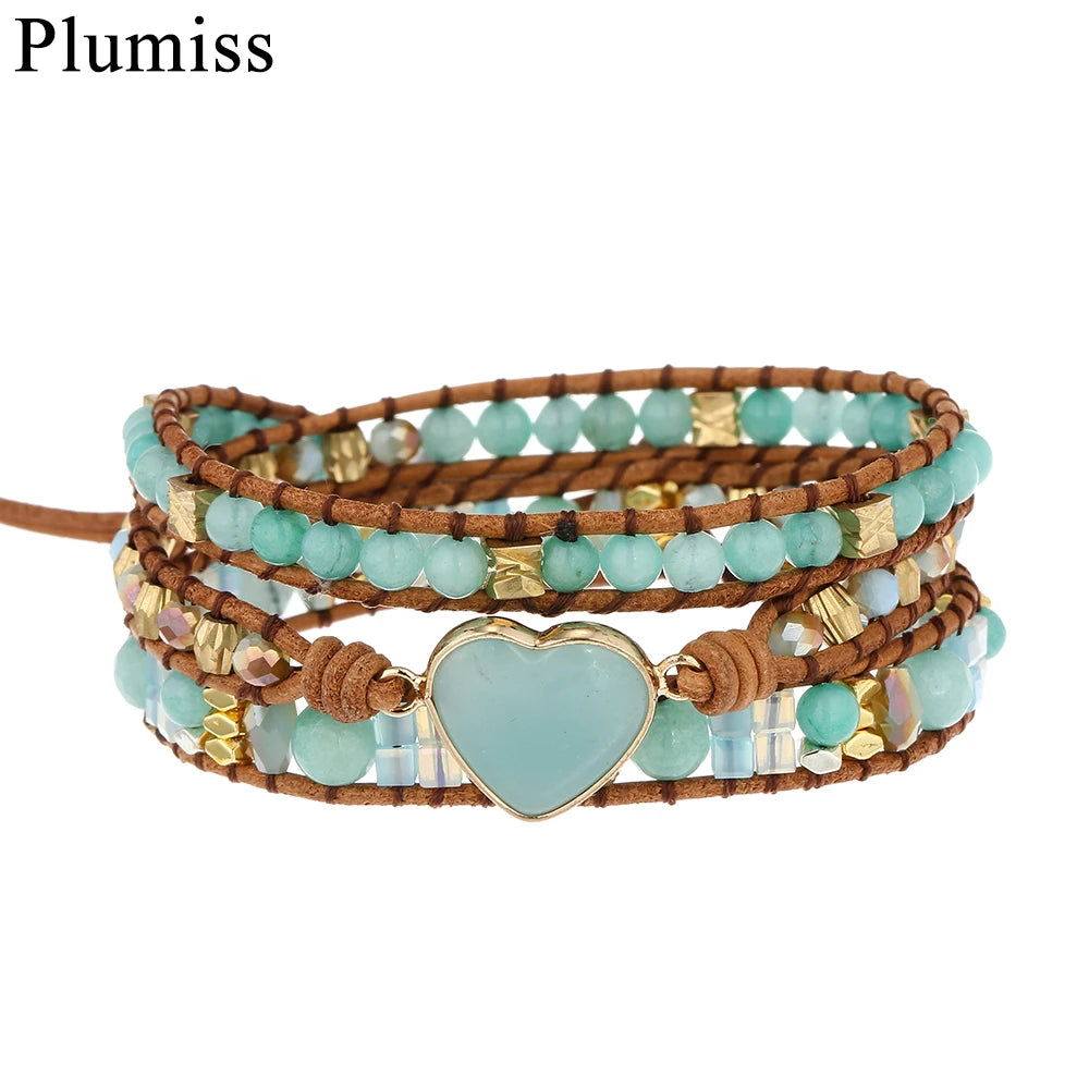 Heart Amazonite Bracelet Natural Stone Leather Wrap Bracelets Gemstones