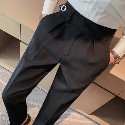 British Style Men Business Casual Dress Pants Men Belt Design Slim Trousers