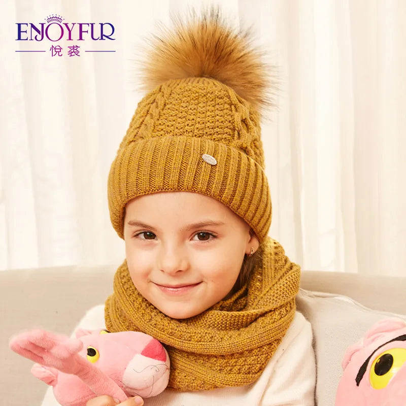 ENJOYFUR Winter Hat and Scarf Set for Girls High Quality Cotton Knitted Soft