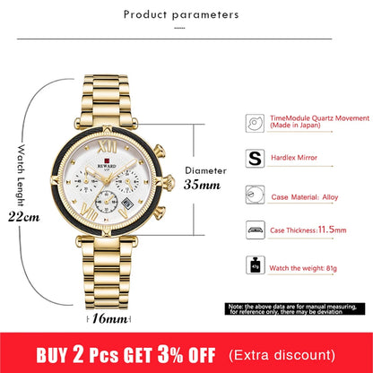 REWARD Luxury Fashion Women Watches Waterproof Casual Quartz Ladys