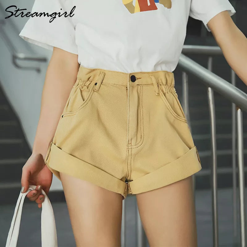 Streamgirl Denim Shorts Women's White Women Short Jeans Khaki Wide Leg Elastic